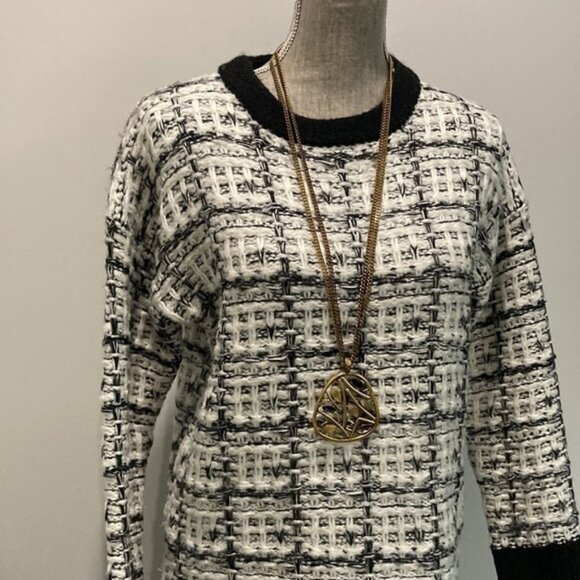 WOOL Knit White Black Tweed Crew Neck Sweater - Picture 2 of 12